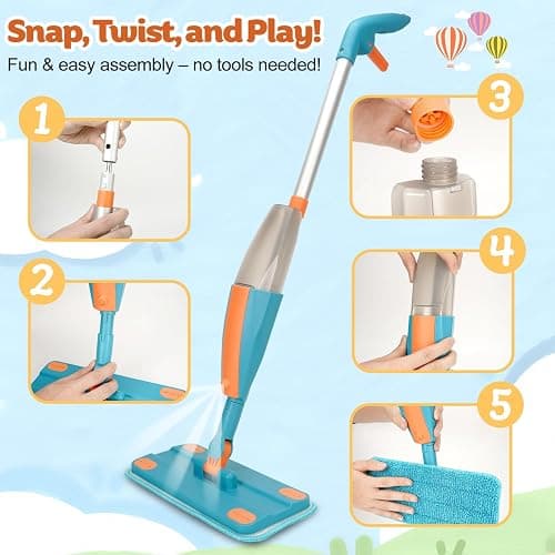 BAYMI Kids Spray Mop - Real Working Toddler Cleaning Toy Set with Water Sprayer & 2 Washable Pads - Montessori Mini Mop & Sweeper - Interactive Learning Toys for Kids Ages 3+ thumbnail 6