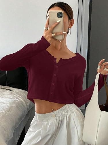 BAIGRAM Women Long Sleeve Button Down Open Front V Neck Crop Cardigan Shirt Y2K Lace Patchwork Pointelle Knit Minimalist Tops thumbnail 2