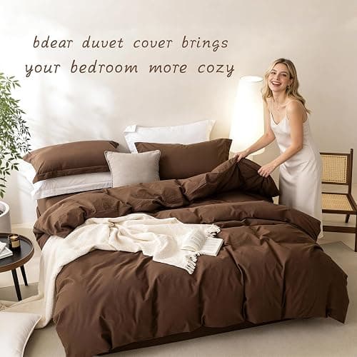 BDEAR Linen Feel Cocoa Brown Duvet Cover King Size 104'' W x 90'' L, Percale 100% Washed Cotton Duvet Cover with Zipper Closure Plus 2 Pillowcases, Oeko TEX Standard Certificated thumbnail 5