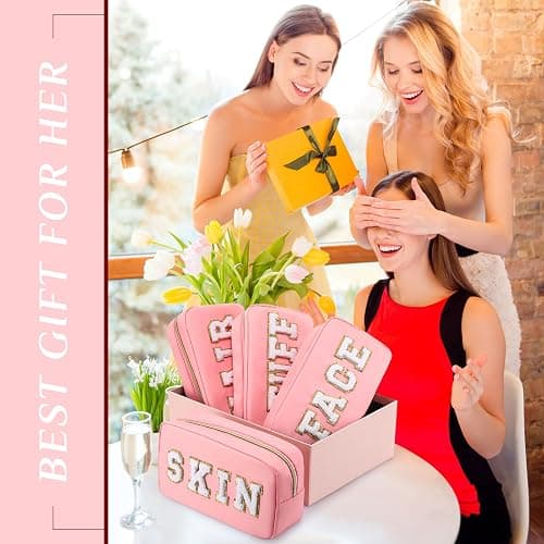 Remerry 4 PCS Nylon Cosmetic Bags Waterproof Spacious Travel Makeup Organizer for Women Chenille Letter Preppy Zipper Pouch Face Stuff Skin Hair Organizer Gift(Pink) thumbnail 6