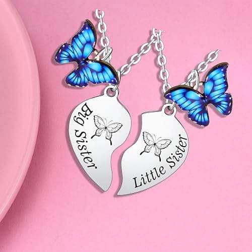 2PCs Heart Pendant Necklace Set - Matching Big Sis & Lis Sis Gifts for Sisters - Butterflies, Perfect for Christmas & Birthday thumbnail 2