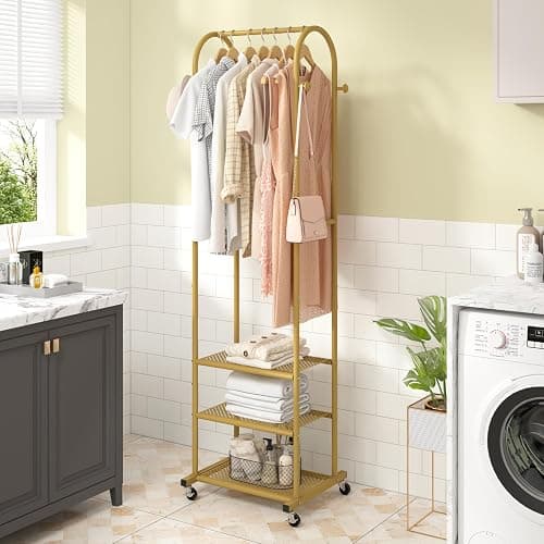 Kaitiemoo Heavy Duty Clothing Rack with Wheels,Modern Garment Rack with 3 Metal Shelves, 71.8Inches Display Rack for Hanging Clothes, Hanging Rod for Small Space,Gold thumbnail 7