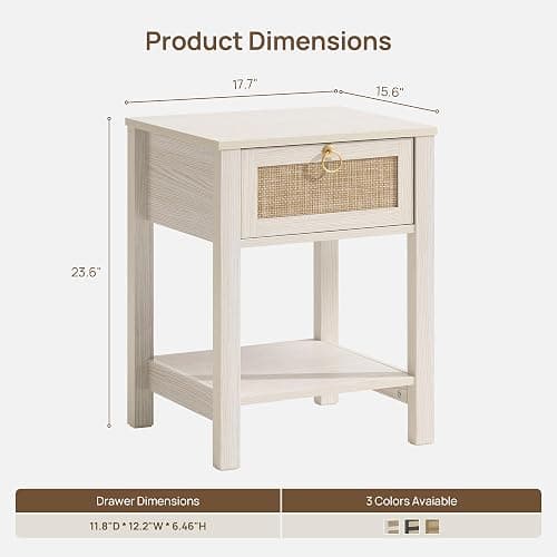 SICOTAS White Nightstand Set of 2,Rattan Decor Drawer with Brass Knobs Night Stand Bedside Table Boho End Tables Side Tables with Storage Shelf for Bedroom,Small Space thumbnail 2
