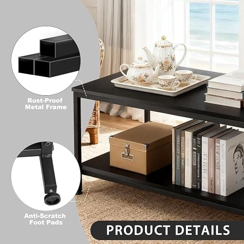 SUPER DEAL 2-Tier Coffee Table with Storage Shelf for Small Apartment Living Room, Rectangle Wood and Stable Metal TV Stand Side End Table, Black thumbnail 7