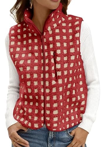 Tankaneo Womens Checkered Sherpa Vest Fleece Fuzzy Zip Up Sleeveless Jacket | Fleece Vest Women, Casual Sleeveless, Winter Warm, Outwear, - Image 1