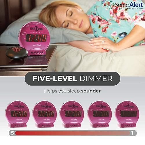 Sonic Alert Sonic Bomb Dual Alarm Clock with Bed Shaker, Pink Vibrating Alarm Clock for Heavy Sleepers, Battery Backup | Wake with a Shake thumbnail 3