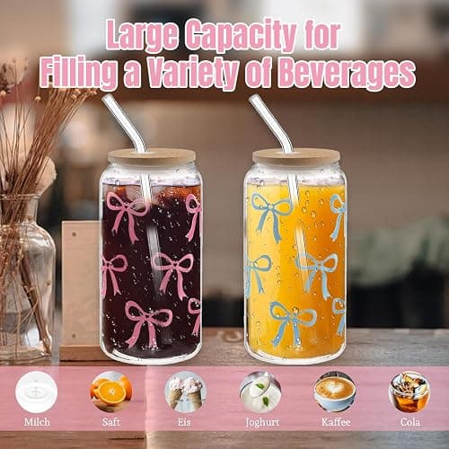 XINGNA Glass with Lid and Straw, 16 oz (500 ml) Drinking Glasses with Bamboo Lids and Glass Straw, Elegant Bow Glass Cup for Bubble Tea, Coffee or Cocktail, Gifts for Women Girls Friends (Pink Bow) thumbnail 5