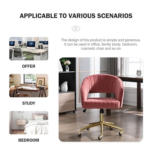 Nrizc Velvet Home Office & Living Room Desk Chairs with Adjustable Swivel Wheels, Ergonomic Upholstered Office Chair for Bedroom, Vanity Study (Rose) thumbnail 9