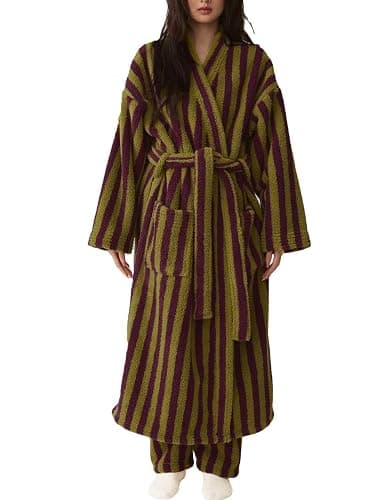 Arssm Womens Striped Fluffy Robe Long Plush Fuzzy Warm Bathrobes | Cozy Thick Loungewear, Maxi Robe, Color Block, Housecoat - Image 1