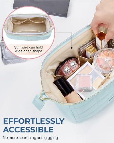 BAGSMART Makeup Bag Travel Toiletry Bag, Puffy Padded Make Up Bags for Women Makeup Organizer Case, Wide-open Pouch Purse Travel Essentials Toiletries Accessories Brushes, Light Blue thumbnail 3