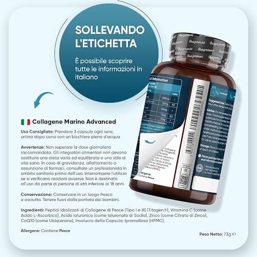 Collagene Marino con Acido Ialuronico in Peptidi Titagen di Collagene Idrolizzato, Tipo I e III, Advanced, con Vitamina C, Coenzima Q10 e Zinco, Senza Magnesio Stearato né Glutine, Collagen da 1200mg thumbnail 3