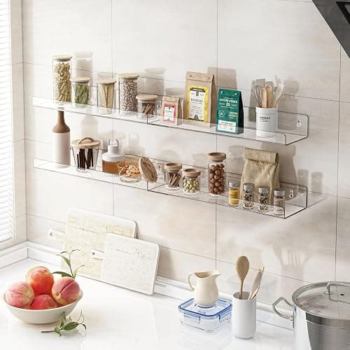 Mecnmsa 4 Pack Acrylic Shelves for Wall Storage, 15" Floating Bookshelves for Kids, Display Shelf Organizer for Bathroom, Bedroom, Living Room Decor, Kitchen, Clear thumbnail 5