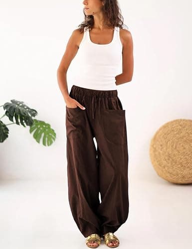Himosyber Womens Baggy Wide Leg Pants Casual Loose Palazzo Harem Pants High Elastic Waist Trousers with Pockets thumbnail 6