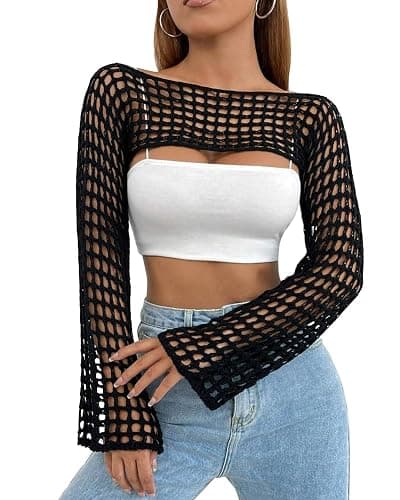 CAMNOW Womens Crochet Crop Tops Y2k Knit Shrug Sweater Hollow Out Long Sleeve Bikini See Through Cover Ups - Image 1