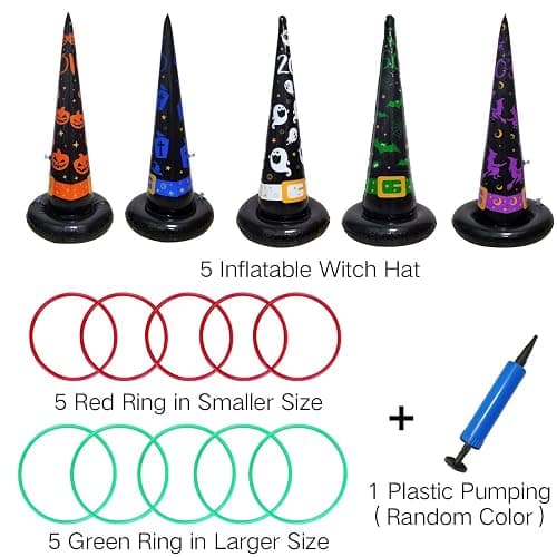 Poptrend 5PK Halloween Toys Halloween Games Inflatable Witch Hat Ring Toss Game, Inflatable Ring Toss Game with Air Pump. Games Toys for Kids Adults, Halloween Decorations (Witch Hat, 5PK) thumbnail 2