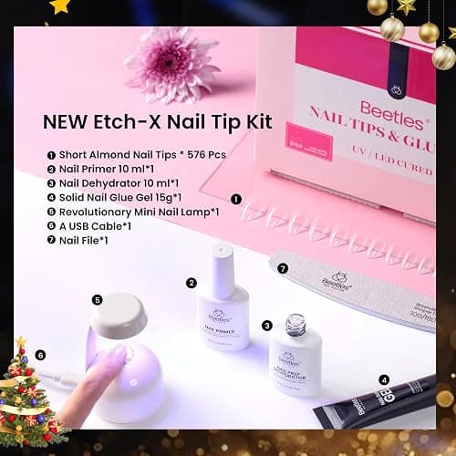 Beetles Gel Nail Kit Short Almond Gift Spree, with Dehydrator and Primer, 576Pcs Half Matte Etch-X Gel Nail Tips Solid Nail Glue Mini Lamp Acrylic Tips Easy DIY Extension Set Gift for Women thumbnail 8
