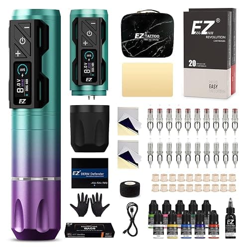 EZ Tattoo Kit - Tattoo Gun Kit with Wireless Tattoo Machine Pen, 1800mAh Power Supply Battery, 20Pcs Tattoo Cartridge Needles and 11 Color Inks for Tattoo Beginners and Artists (P2S Pro Purple Blue) - Image 1