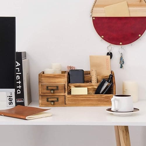 Liry Products Rustic Wooden Desktop Organizer Office Supplies Brown Tabletop Storage Cabinet Stepped Rack Multiple Compartments 2 Tier Drawers Makeup Accessory Jewelry Sorter Display Box Home Office thumbnail 2
