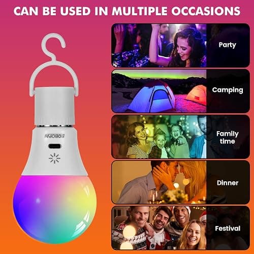LED Rechargeable Light Bulbs With Remote ＆ Touch Dimmable, E26 Battery Operated Light Bulb for Lamps, RGB 12 Colors, 2600mAh USB battery backup Light Bulb With Timer, A19 Small Light Bulbs 2 Pack thumbnail 5