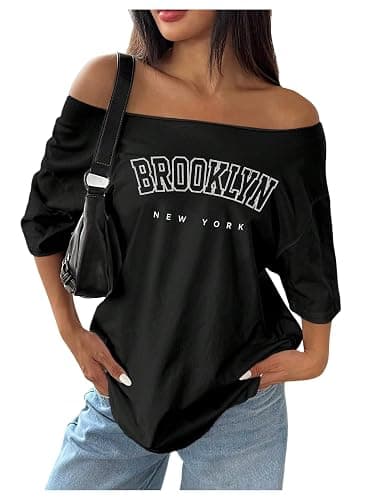 GORGLITTER Women's Off Shoulder Oversized Tee Shirts Short Sleeve Letter Graphic Vintage Streetwear Tops - Image 1