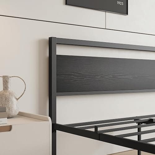 HOJINLINERO Queen Bed Frame with Wood Headboard,Metal Platform Bed Frame Queen Size with Storage No Box Spring Needed,Heavy Duty Queen Size Bed Frame Metal Slats Support Mattress Base No Noise,Black thumbnail 4