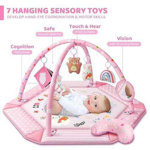 Baby Gym Play Mat, 8-in-1 Tummy Time Mat & Ball Pit with 6 Toys, Washable Baby Activity Mat for Visual, Hearing, Sensory, Motor Development, Babies Gift for Newborn Infant 0-3-6-9-12 Months (Pink) thumbnail 4
