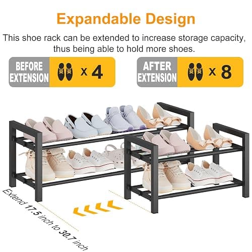 Detsuk 2-Tier Expandable Shoe Rack (17.5"-30.7") – Adjustable Heavy-Duty Metal Shoe Organizer Shelf for Closet, Entryway, Mudroom & Garage – Durable Freestanding Storage, Black thumbnail 4