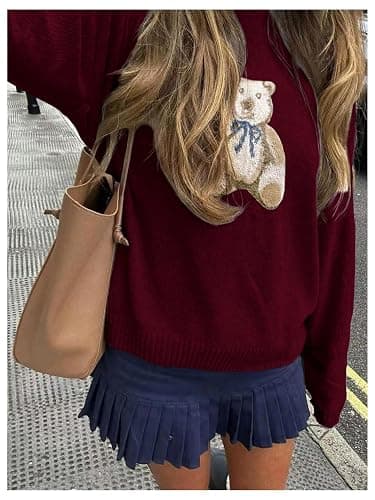 Floerns Women's Bear Long Sleeve Pullover Sweater Cute Crew Neck Knitted Tops thumbnail 2