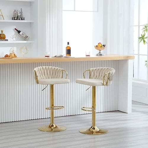 WOLTU Lot de 2 Tabouret de Bar avec Dossier Tissé et Repose-Pieds, Tabouret Pivotant à 360°, Hauteur Réglable, Base Évasée en Métal, Crème, BH426cm-2 thumbnail 7
