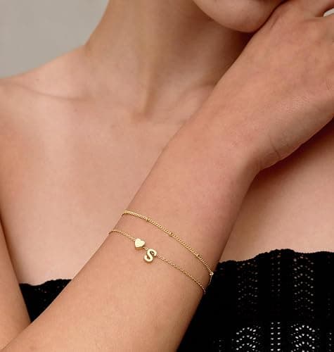 DEARMAY Dainty Initial Heart 14K Gold Plated Bracelets for Women Trendy, Letter Charm Bracelet Jewelry Cute Simple Fashion Chain Gift thumbnail 4