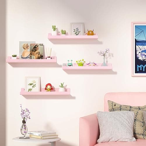 upsimples Acrylic Shelves for Wall Decor, 15" Display Shelf Perfume Organizer for Bathroom, Bedroom, Living Room, Floating Bookshelves for Kids, Pink, 4 Pack thumbnail 3