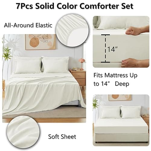 CozyLux Queen Comforter Set Ivory, 7 Pieces Bed in a Bag Queen Comforter Set with Sheets, Luxury Soft Bedding Sets with Down Alternative Comforter, Fitted Sheet, Flat Sheet, Pillowcases & Shams thumbnail 5