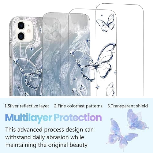 NITITOP Compatible for iPhone 11 Case Cute Butterfly Pattern for Women Girl Glitter Laser Shiny Feather Yarn Style Aesthetic Shockproof Hard Protective Phone Cover - Blue thumbnail 2