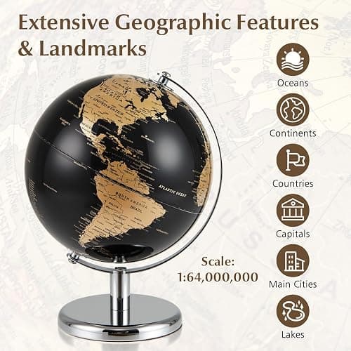 Toolsempire 8" World Globe, Black Earth Globe with Gold Accents, Metal Stand, Non-slip Base & Time Zone, Decorative Tabletop Desk Globes for Classroom, Office & Home thumbnail 4