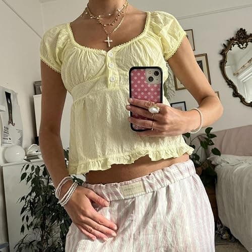 Women Fairy Crop Top Summer Teen Girl Vintage Short Sleeve Ruffle Hem Going Out Babydoll Top Y2k Shirt thumbnail 3