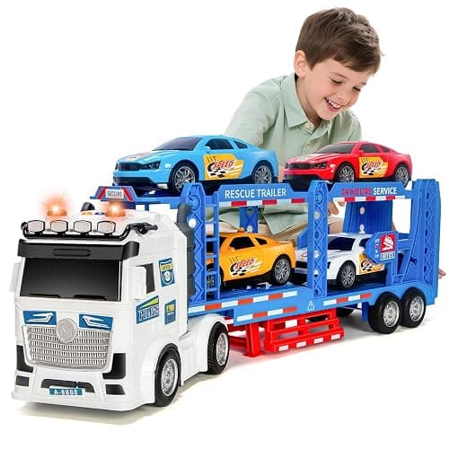 BainGesk Semi Truck Toys Car for 3, 4, 5, 6, 8 Years Old Boys Girls, Adjustable Double Decker Carrier Truck with Light & Sound, Car Hauler with Trailer Toy, Large Transport Toy Gifts for Toddler - Image 1