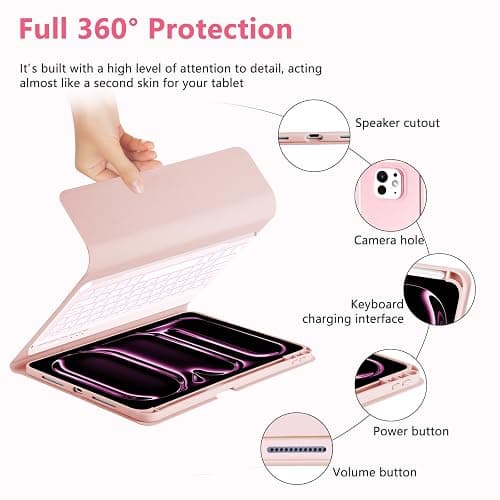 MMK iPad Pro 11 inch Case with Keyboard (2025 M5 / 2024 M4), Magnetic Wireless Detachable Keyboard, for iPad Pro 11 inch 2025/2024 with Pencil Holder - Pink thumbnail 6