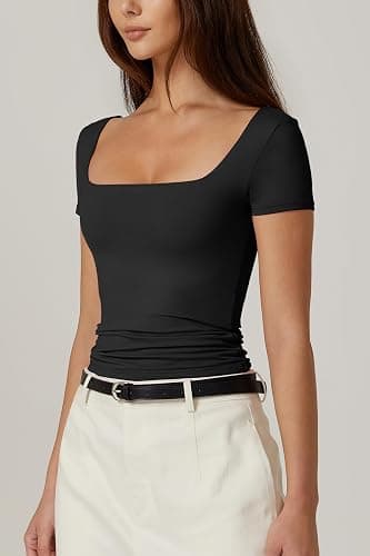 QINSEN Women's Square Neck Short Sleeve Double-Layer Tops Basic Slim Fit Going Out T Shirt thumbnail 3