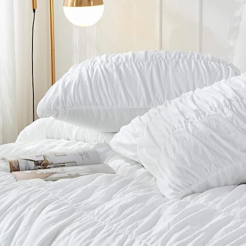 Bonlino Queen Comforter Set White Bedding - Ruched Comforter Queen Size Bed Set Boho Shabby Chic Bedding for Bedroom Comforter Fluffy 3 Piece Ruffle Comforter Set with Pillow White Soft thumbnail 5