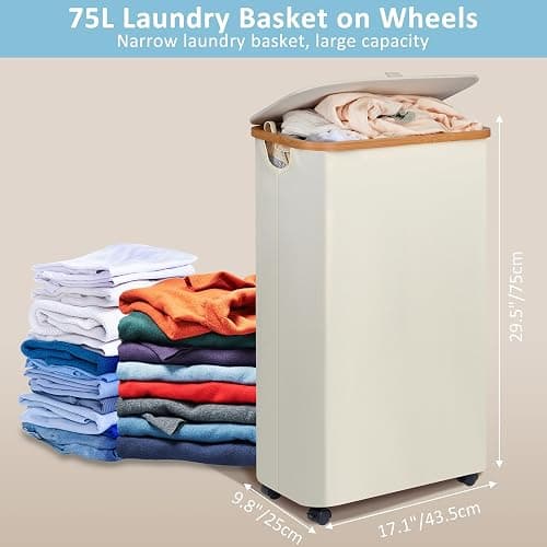 efluky Slim Laundry Hamper with Wheels, Narrow Laundry Basket with Lid and Removable Bag, Aesthetic Dirty Clothes Hamper on Wheels for Laundry Room, Bedroom, Dorm and Bathroom, 75L Beige thumbnail 6