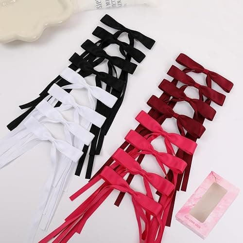 WORTL Hair Bows Clips Coquette Ribbon Bowknot with Long Tail Princess Hair Bows French Barrettes Hair Accessories for Women Girls 16PCS (Wine Red, Rose red, White, Black) thumbnail 6