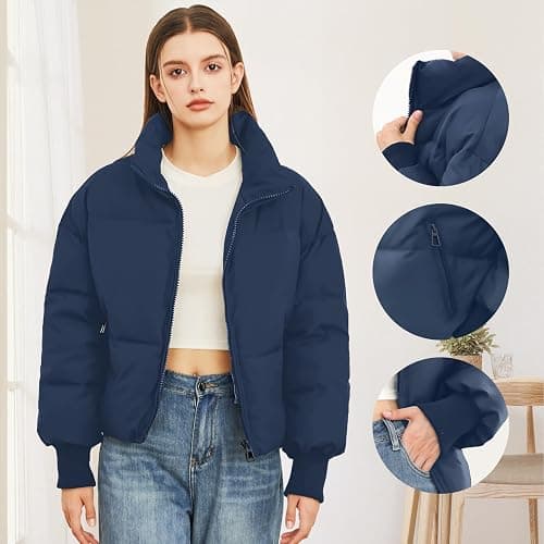 Women’s Winter Cropped Puffer Jacket Coat Casual Quilted Baggy Long Sleeve Zip Down Jackets Outerwear thumbnail 4