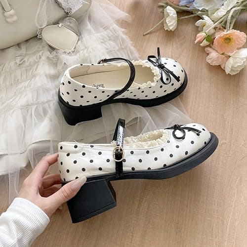 Scarpe Mary Jane da donna con punta rotonda a pois e fiocco | Delicato pizzo regolabile T-bar fibbia piattaforma tacchi dolce stile Lolita calzature per vacanze universitarie e feste thumbnail 2