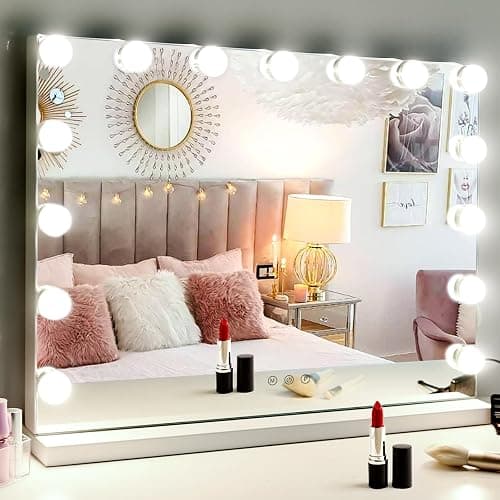 M MIVONDA Hollywood Vanity Mirror with Dimmable 15LED Bulbs Lights 3 Lighting Modes 2in1 Large Lighted Makeup Mirror for Desk and Wall with Plug-in and USB Charger Port - Image 1