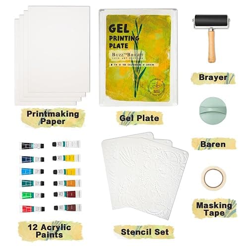 BuzzBright Gel Printing Plate kit, Complete Printmaking Set with 8”X10” Gelatin Plate, Brayer, Printmaking Paper, Acrylic Paint and Essential Tools for Mixed Media Art, Monoprinting, Card Making thumbnail 2