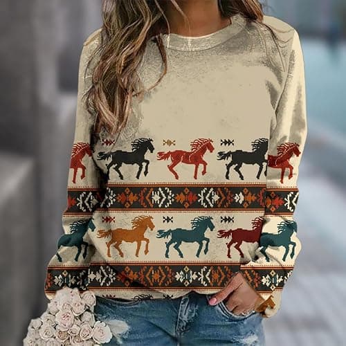 YABTF Womens Vintage Western Sweatshirts Long Sleeve Pullover Retro Aztec Print Graphic Shirts Loose Fit Fall Tops thumbnail 2
