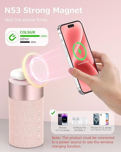 Bluetooth Speaker, Night Light, 15W Magnetic Fast Charging for Apple, Pink | 2 in 1 Wireless Charging Station for iPhone 17/16/15/14/13/12 Series, AirPods Pro 2/4/3/2（Gift Ideal） thumbnail 8