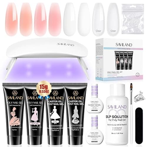 SAVILAND Poly Gel Nail Kit Starter: 4 Colors Natural Clear Poly Nail Gel with U V Lamp Slip Solution Quick Dry Nourish Nails 28 Days Durable DIY Salon Home Use - Image 1