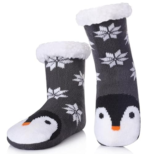 TRUEHAN Kids Girls Boys Slipper Socks Soft Thick Cozy Fuzzy Animal Anti-Slip Winter Thermal Christmas Socks Indoor - 4-7 Years - Snowflake Penguin - Image 1