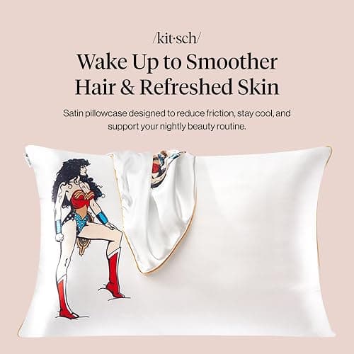 Wonder Woman x Kitsch Satin Pillowcase with Zipper for Hair & Skin - Softer Than Silk Pillow Cases, Cooling Satin Pillow Case, Wrinkle-Free Pillow Cases Standard Size (19x26) - Believe in Wonder thumbnail 3